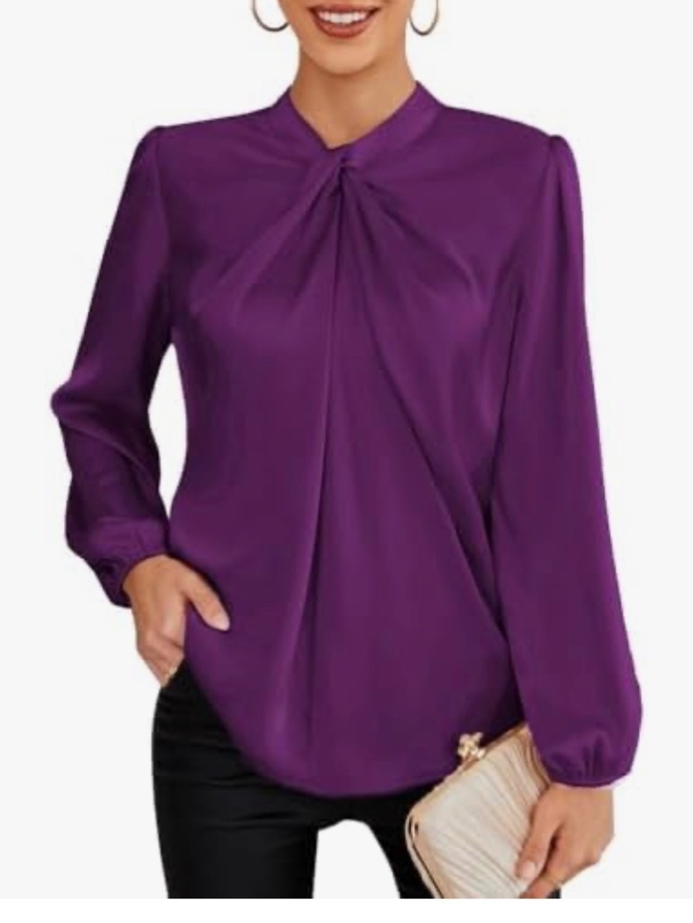 GRACE KARIN Long Sleeve Satin Blouse Top with V-Neck and Left Bow Sz L - Picture 4 of 9